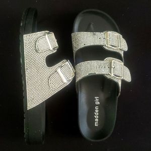Madden girl toes out sandals in black with rhinestones